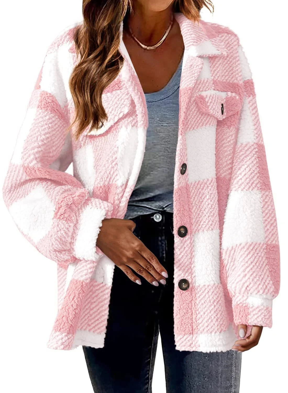 Women's striped loose fit plush coat in various colours