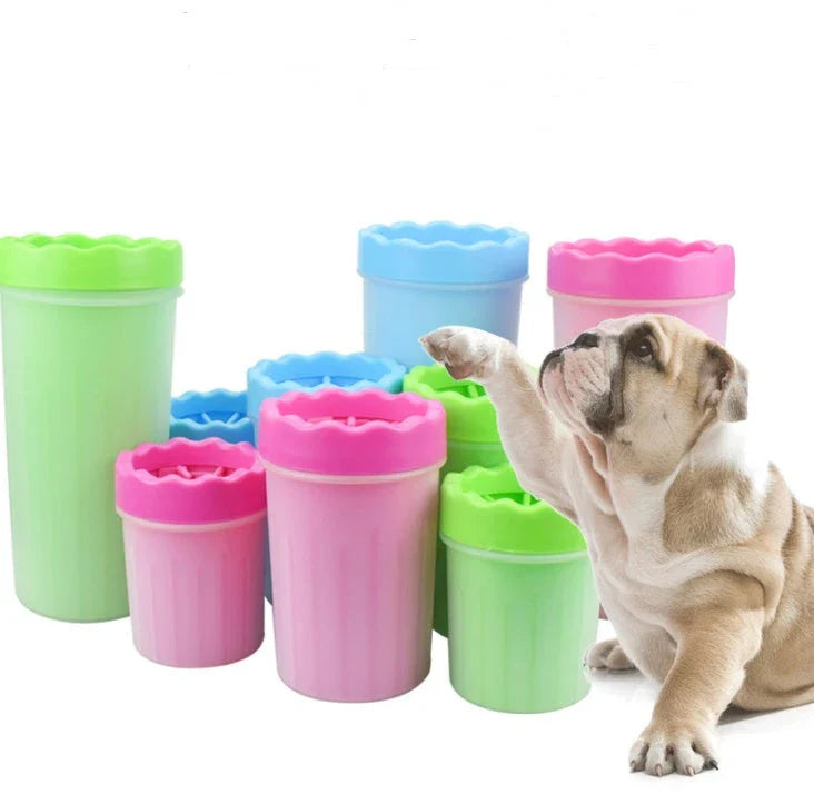 Silicone Dog Paw Washer Cup in various colors and sizes, featuring soft bristles for gentle cleaning.