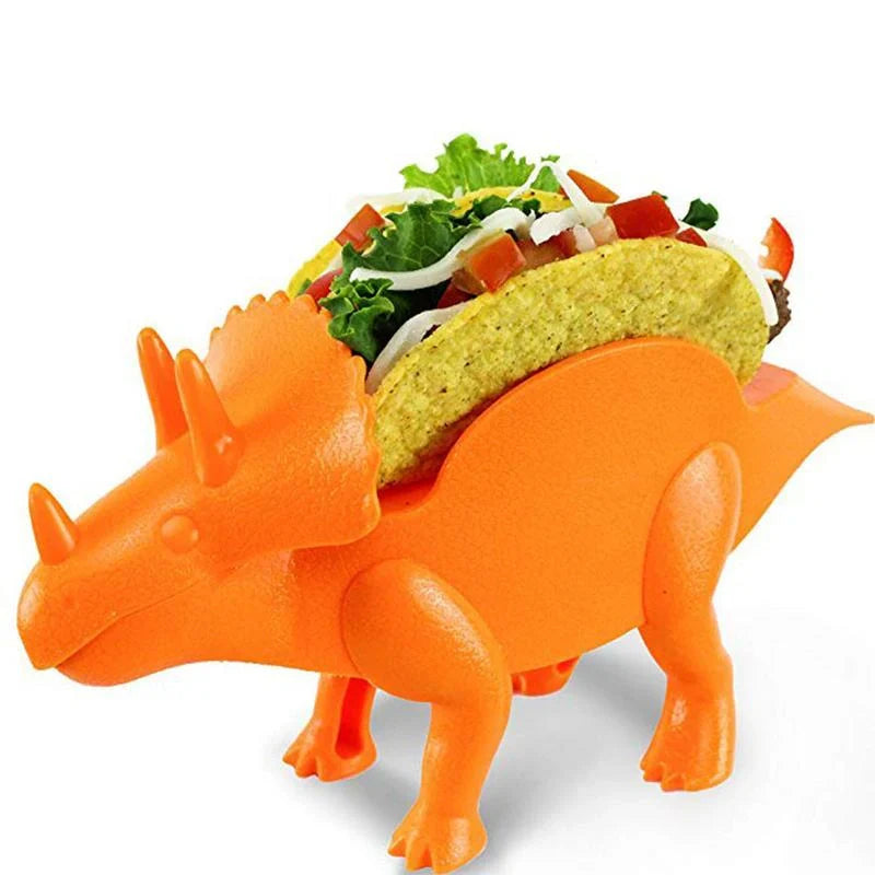 Dinosaur-shaped plastic taco holder in green, pink, or army green
