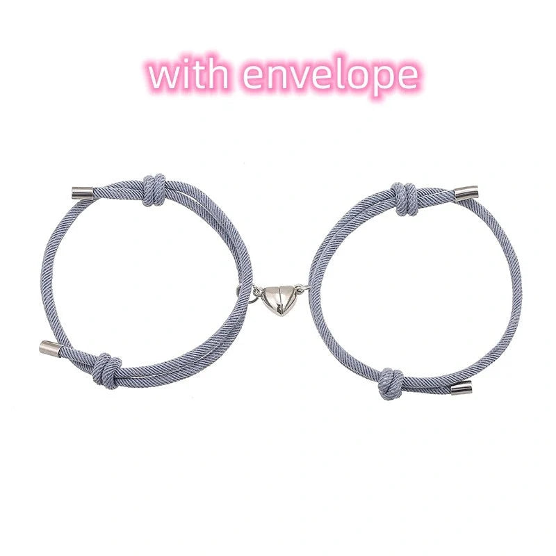 Adjustable nylon love magnetic bracelet with sticky metal heads in various colours