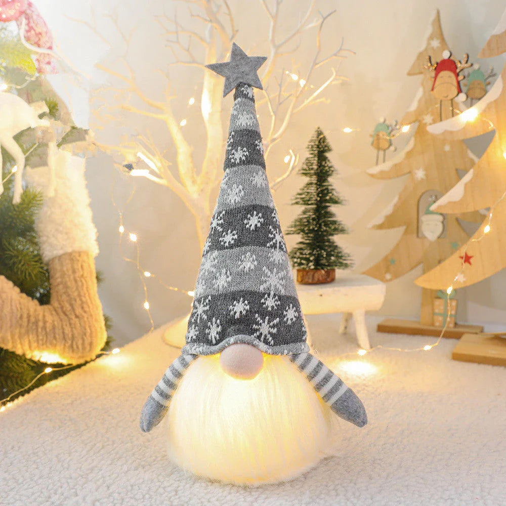 Festive faceless gnome figures in various colours, including green, red, and grey, adding a whimsical touch to Christmas home decor