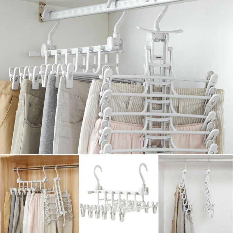 A white plastic hanging rack designed to maximise closet storage space by allowing users to vertically stack their clothes and accessories.