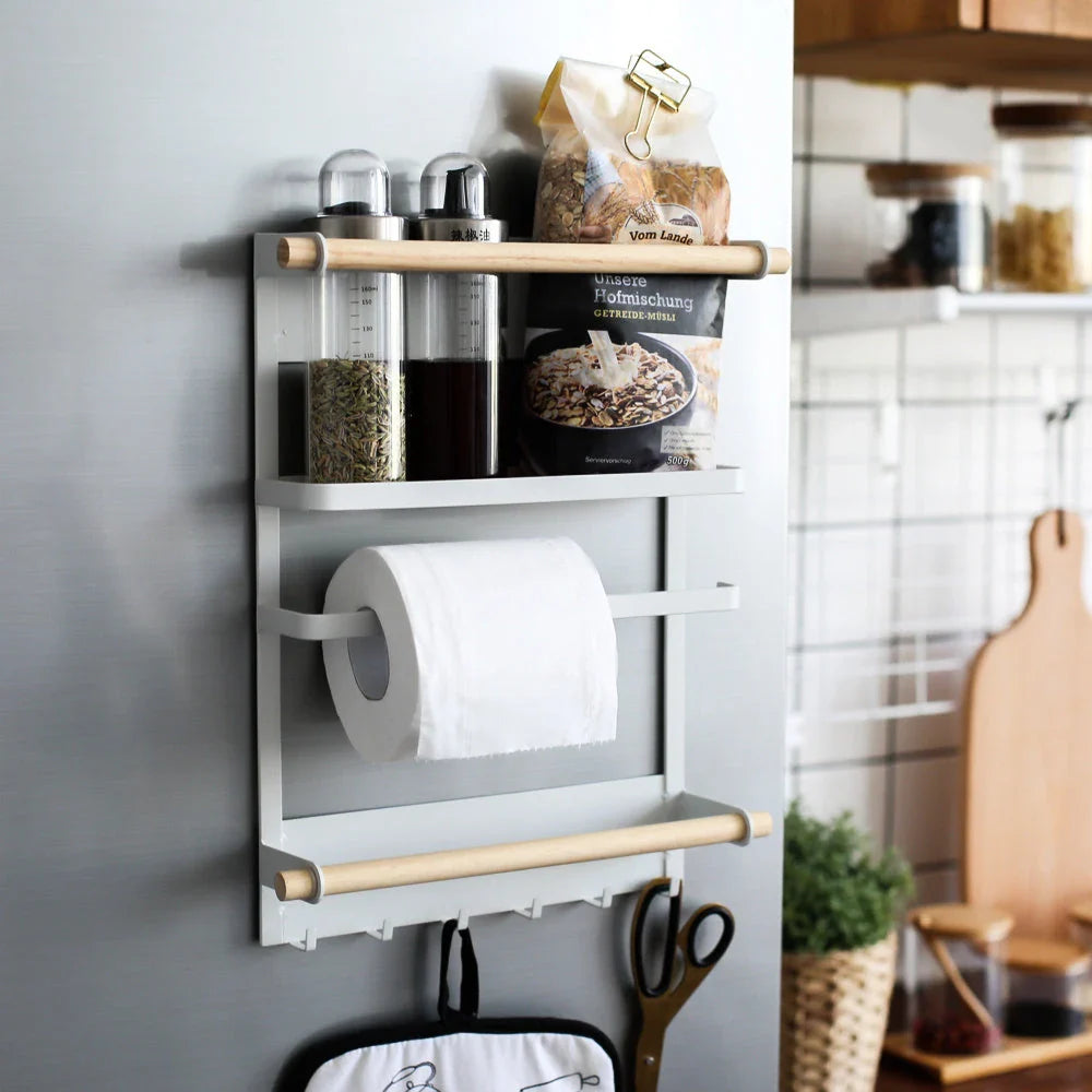 Stylish magnetic refrigerator rack with six storage hooks and wooden crossbar for organising kitchen essentials