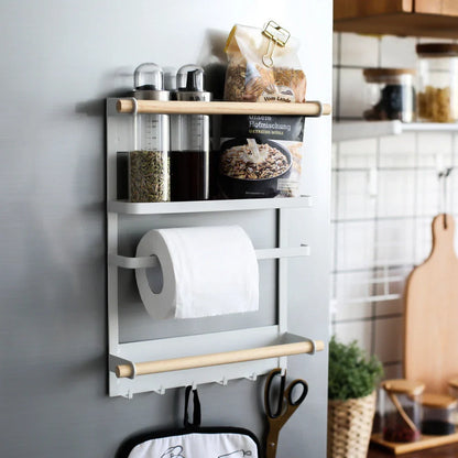 Stylish magnetic refrigerator rack with six storage hooks and wooden crossbar for organising kitchen essentials