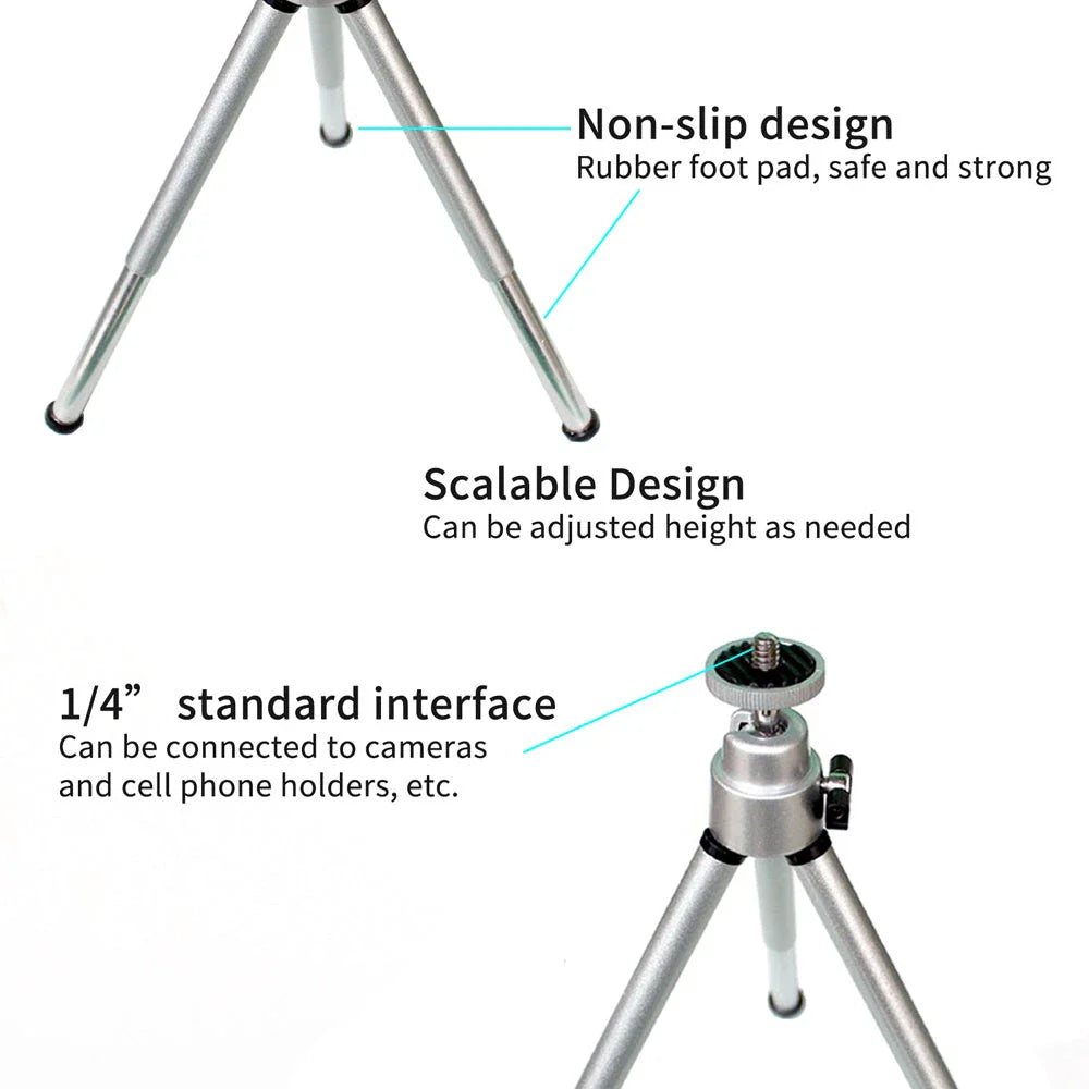 Flexible mini tripod stand for digital cameras and camcorders, with 360-degree swivel and 90-degree tilt for versatile positioning