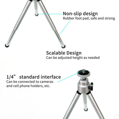 Flexible mini tripod stand for digital cameras and camcorders, with 360-degree swivel and 90-degree tilt for versatile positioning