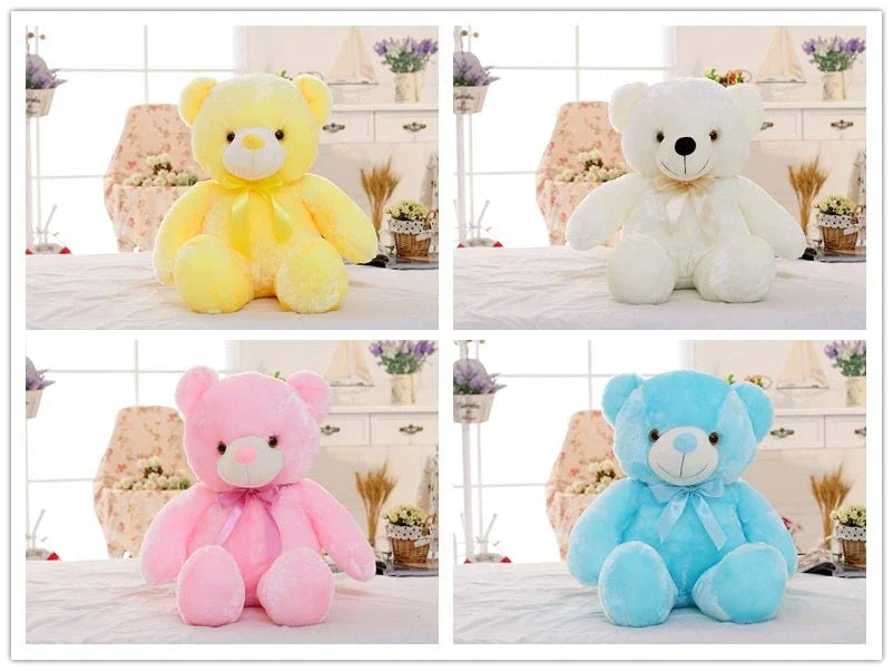 A soft and cuddly teddy bear plush toy with captivating color-changing LED lights, perfect for bringing wonder and delight to a child's room.