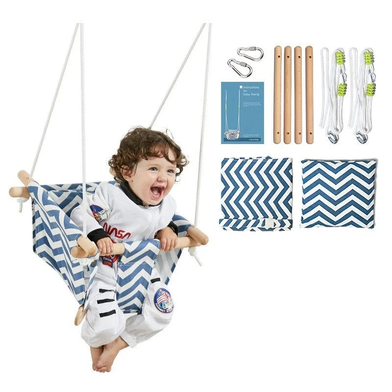Infant hanging chair with blue and white canvas seat and adjustable rope