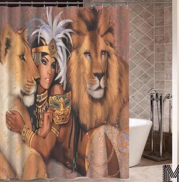 Vibrant African-inspired shower curtain with portrait of a beautiful African girl wearing earrings and bold hairstyle