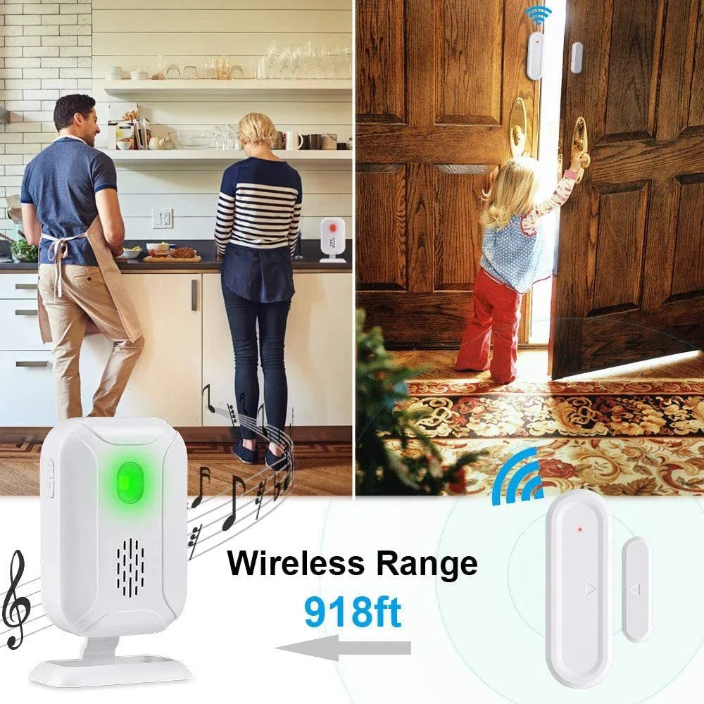 Wireless doorbell chime with 280-metre range, vibrant LED lights, and customisable settings for home and business security