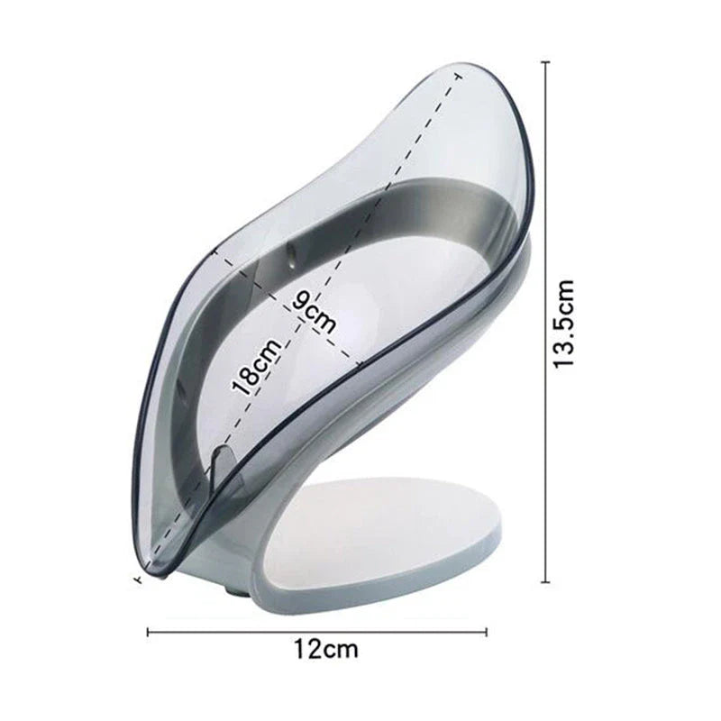 Elegant leaf-shaped soap dish with self-draining design and stable triangular shape, made of durable ABS material