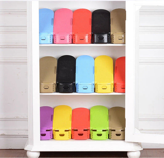 Adjustable Shoe Organizer with multiple color and quantity options, featuring a space-saving design for easy storage in closets or cabinets.