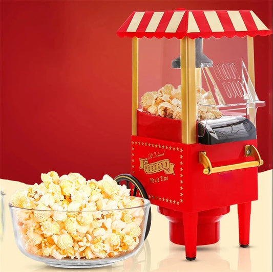 Retro-style popcorn maker with a classic car-inspired design, featuring a hot air popping mechanism for healthier, oil-free popcorn