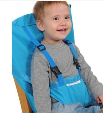 Portable baby dining chair seat with safety harness in various colors