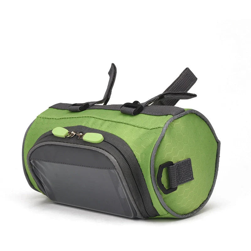 Premium waterproof bicycle handlebar bag made of durable polyester, with ample storage space for a smartphone and other cycling essentials.