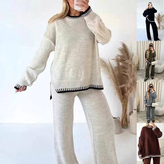 Stylish two-piece suit for women featuring a chic pullover top and relaxed straight-leg trousers in various colours