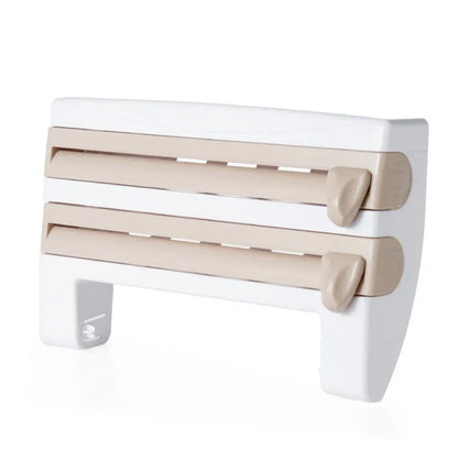 Premium wall-mounted cling film dispenser and cutter with compartments for storing and cutting kitchen wraps