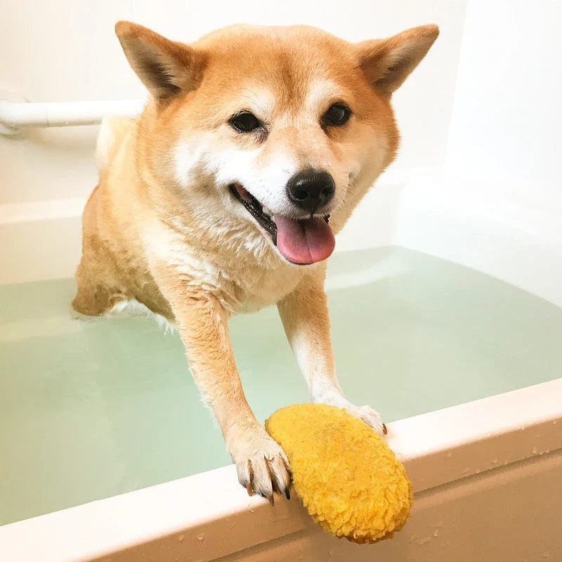 Adorable plush fried shrimp tempura squeaky dog toy for chewing, dental care, and anxiety relief