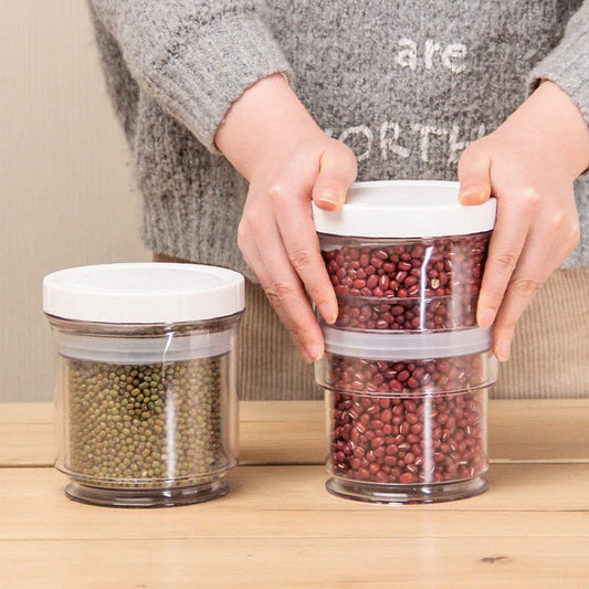 Airtight vacuum food storage containers with pump mechanism, space-saving collapsible design, and transparent BPA-free plastic construction