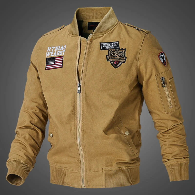 Men's khaki flight jacket with options for cotton lining in various sizes