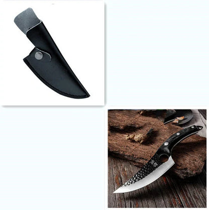 Forged stainless steel boning knife with ergonomic handle and leather sheath