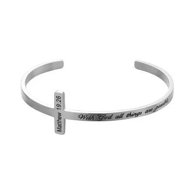 Titanium steel bracelet with scripture cross lettering in silver