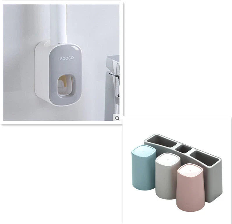 Wall-mounted automatic toothpaste dispenser with storage cups for toothbrush and bathroom accessories