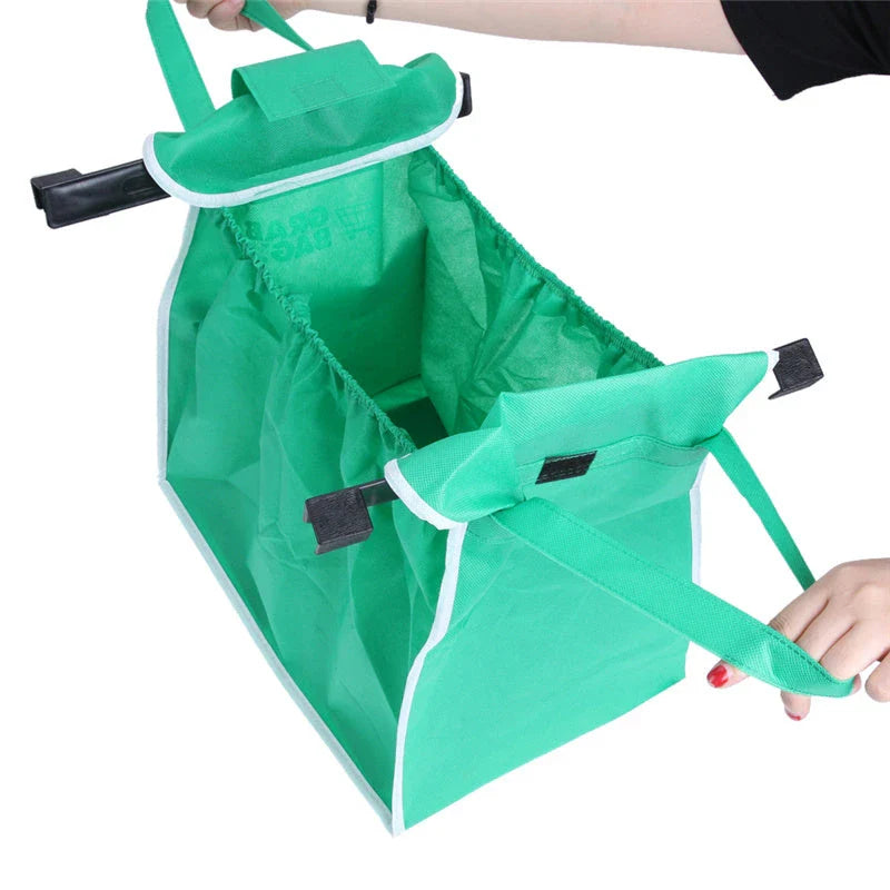 Reusable eco-friendly folding shopper bag in green colour, with generous front pocket and durable, mold-resistant construction
