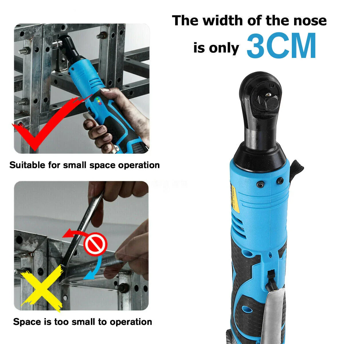High-powered cordless electric ratchet wrench with 90 N·m of torque and 260 RPM speed, suitable for scaffolding, automotive, and mechanical maintenance tasks