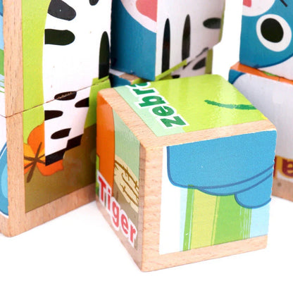 Colourful wooden 3D jigsaw puzzle with various patterns including fruit, insects, traffic, and animals