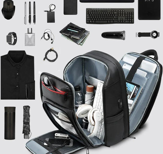 Waterproof backpack with USB charging port, multiple compartments, and comfortable padded straps for everyday use and travel