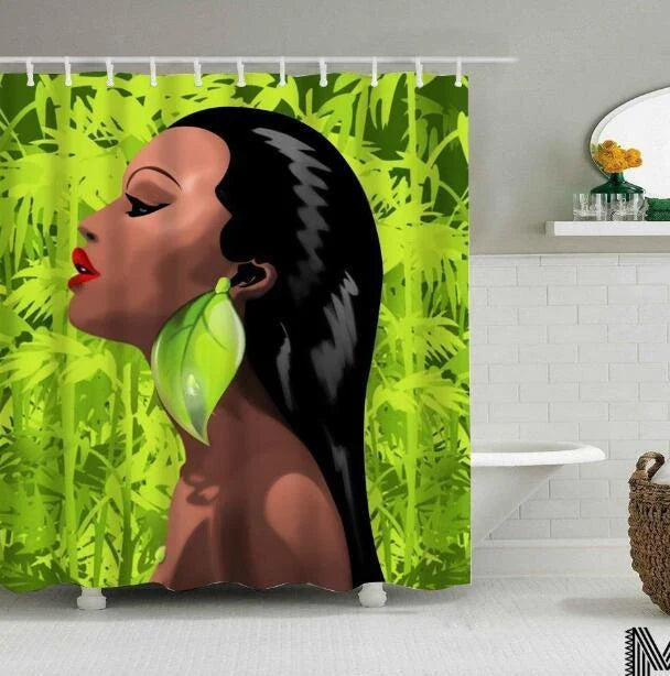 Vibrant African-inspired shower curtain with portrait of a beautiful African girl wearing earrings and bold hairstyle