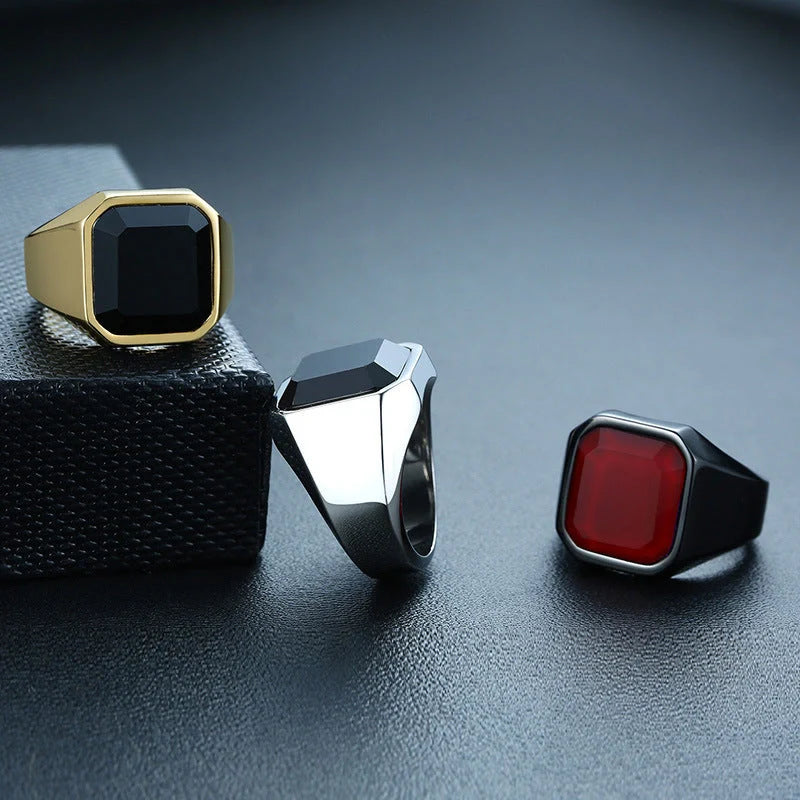 Men's geometric stainless steel ring in silver, gold, red, and black finishes