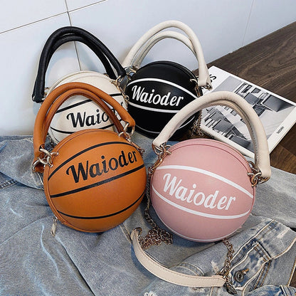 Basketball-shaped handbag in pink, white, black, or brown with adjustable chain shoulder strap