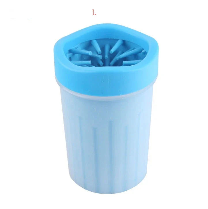 Silicone Dog Paw Washer Cup in various colors and sizes, featuring soft bristles for gentle cleaning.