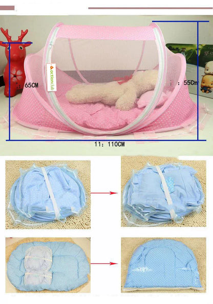 Foldable baby mosquito net bed with soft mattress and pillows, providing a safe and comfortable sleeping environment for infants and toddlers.