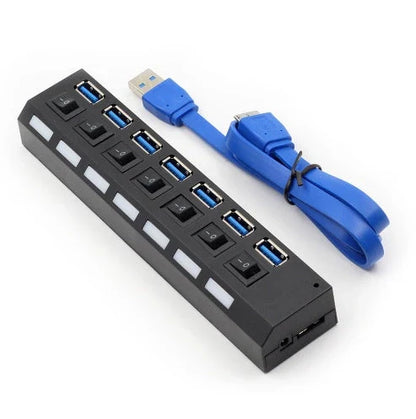 Premium USB 3.0 hub with 7 high-speed ports, overload protection, and compact design