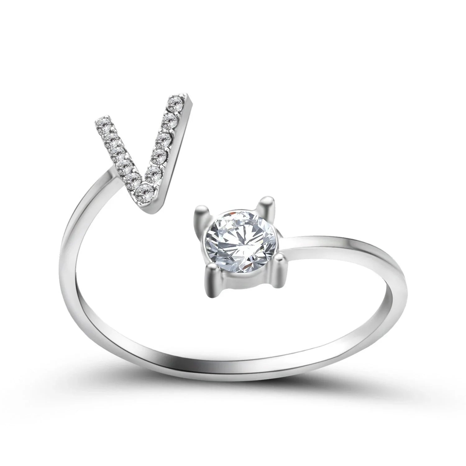 Customizable adjustable ring with 26 letters for women, featuring zircon stones and copper alloy construction