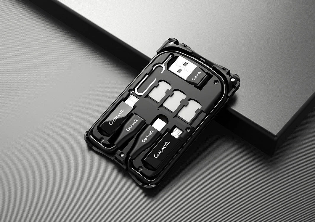 Multifunctional Travel Survival Card All-in-One Data Cable in black, compact and lightweight design