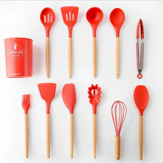 Silicone kitchenware set with wooden handles in various colors and styles, perfect for cooking, baking, and serving