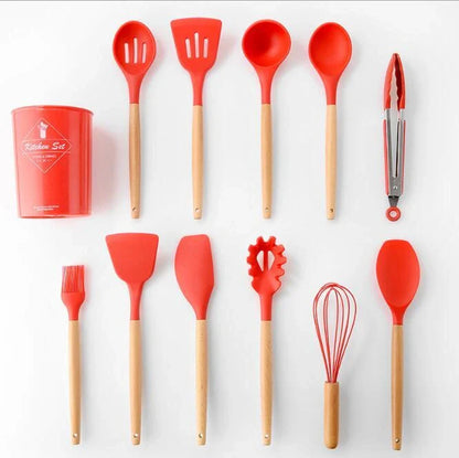 Silicone kitchenware set with wooden handles in various colors and styles, perfect for cooking, baking, and serving