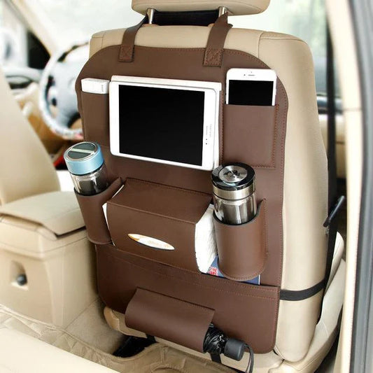 Premium leather car seat organisers with ample storage space for drinks, phones, pens, and other essentials, designed for UK drivers