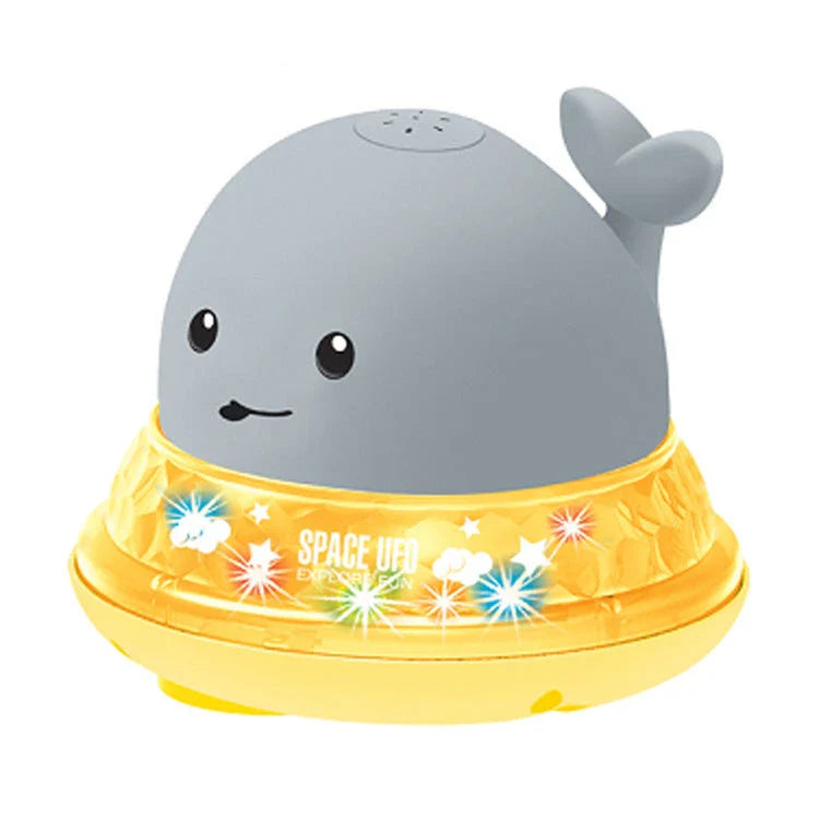 Adorable whale-shaped water sprinkler toy with LED lights and music for baby bath time entertainment