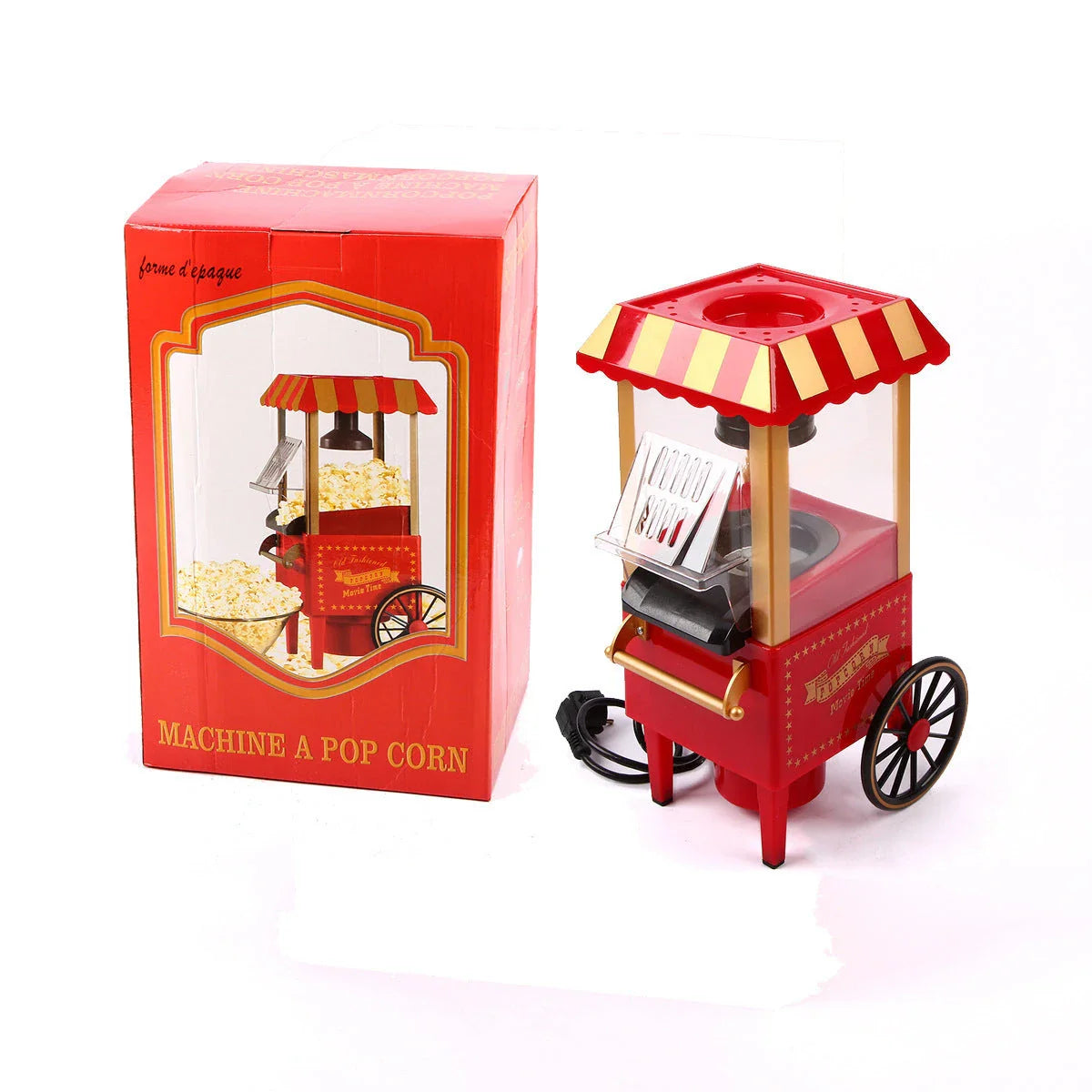 Retro-style popcorn maker with a classic car-inspired design, featuring a hot air popping mechanism for healthier, oil-free popcorn