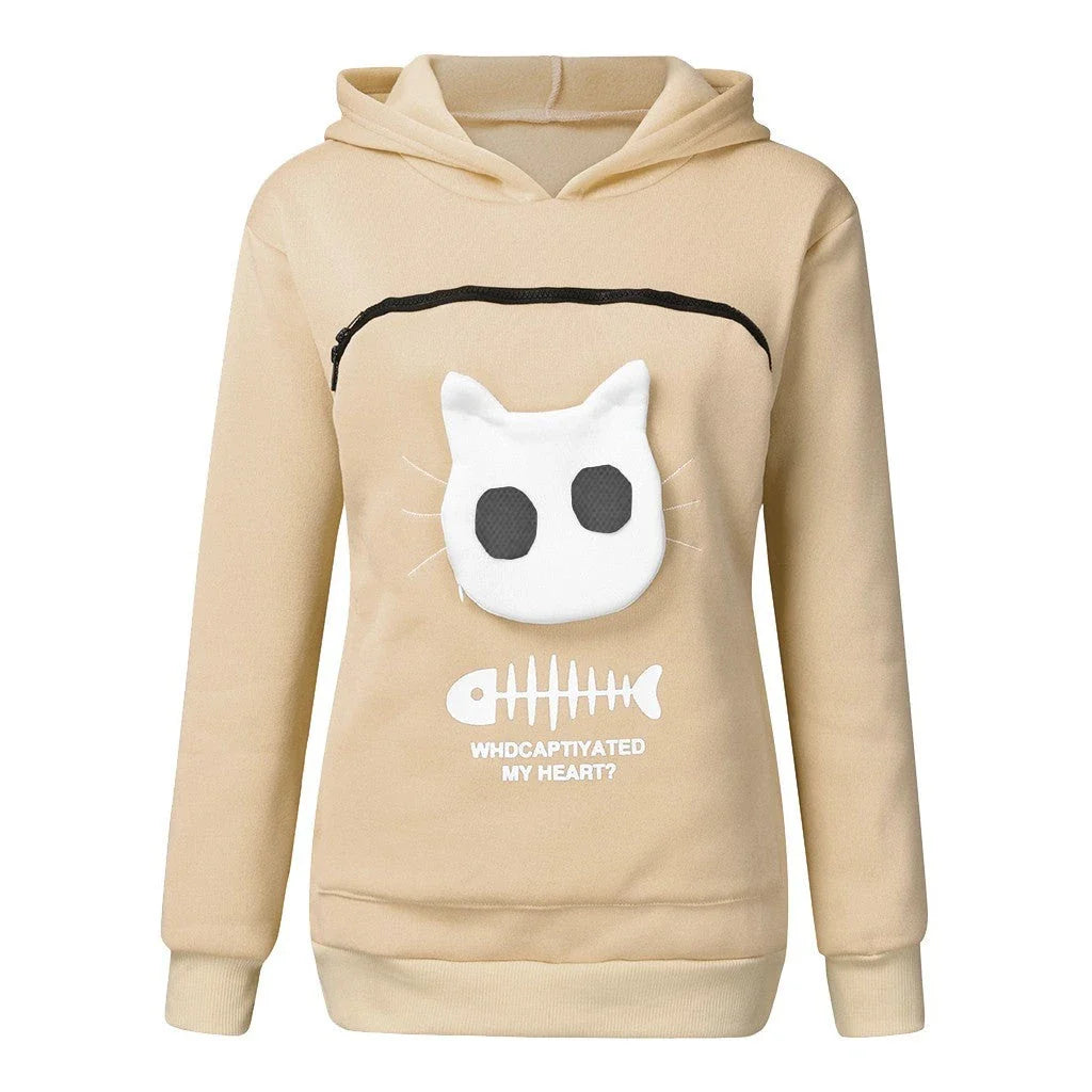 A stylish hooded jumper with a unique cat-themed pocket design, made from premium cotton fabric.