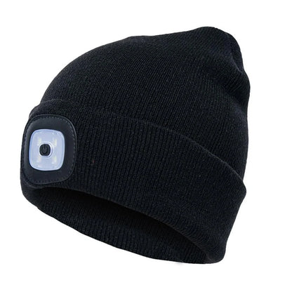 LED Knit Hat with built-in light for night visibility, made from 100% wool