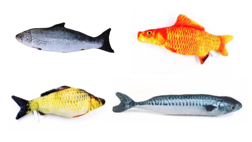 Soft, durable and realistic cat plush toy in the shape of a fish pillow, available in various sizes and designs.