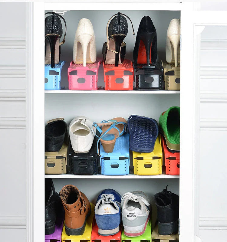Adjustable Shoe Organizer with multiple color and quantity options, featuring a space-saving design for easy storage in closets or cabinets.