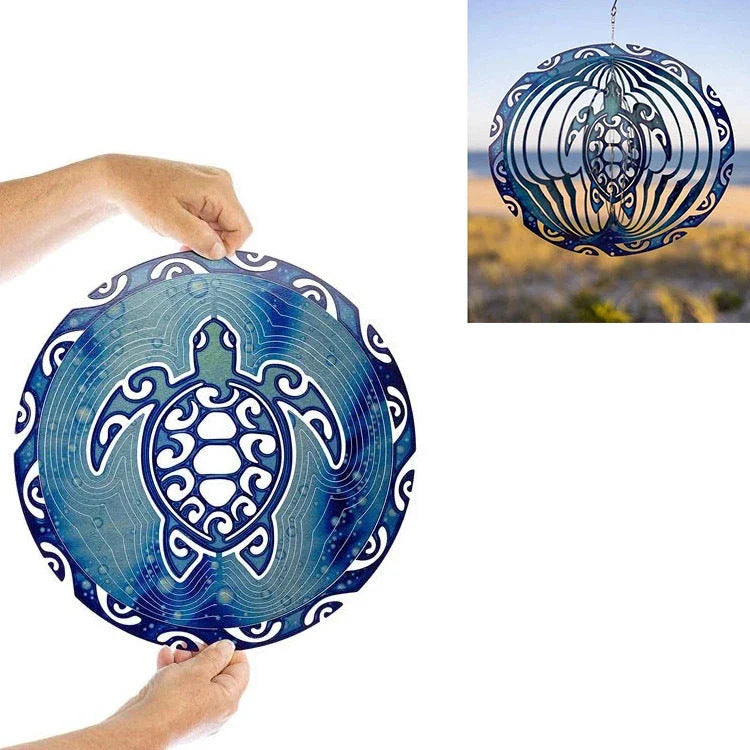 Elegant blue ocean turtle wind chime with shimmering metal blades and reflective paint, creating a captivating outdoor decoration
