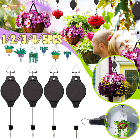 Detachable hanging basket hook with elastic cord for adjustable plant height